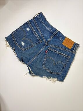 Levi's 501 Dark Blue Denim Cutoff Shorts with Frayed Hem Size W24